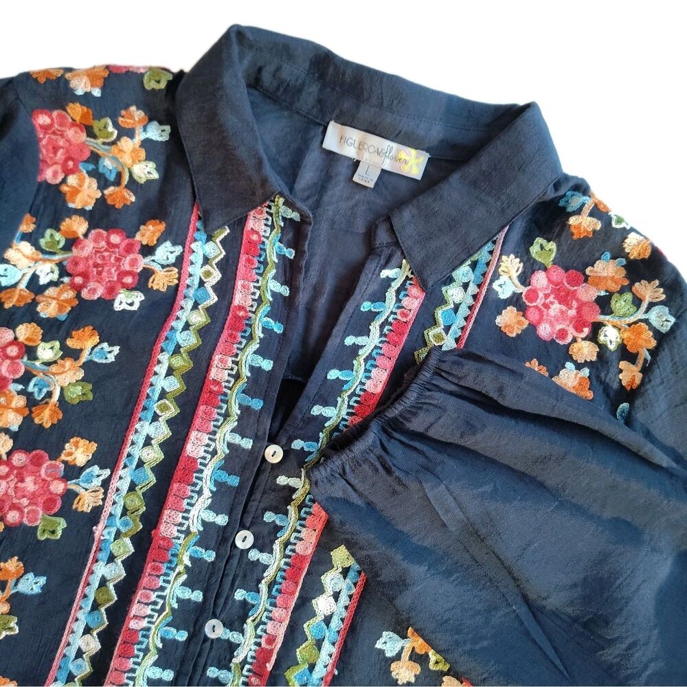 Anthropologie Figueroa Flower Blouse Boho Large Button Shirt Floral Embroidery